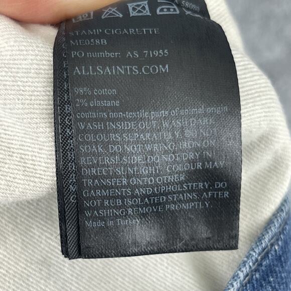 Allsaints Cigarette Skinny Jeans Mens 32x31 Blue Dark Wash Button Fly Stretch - Picture 13 of 15